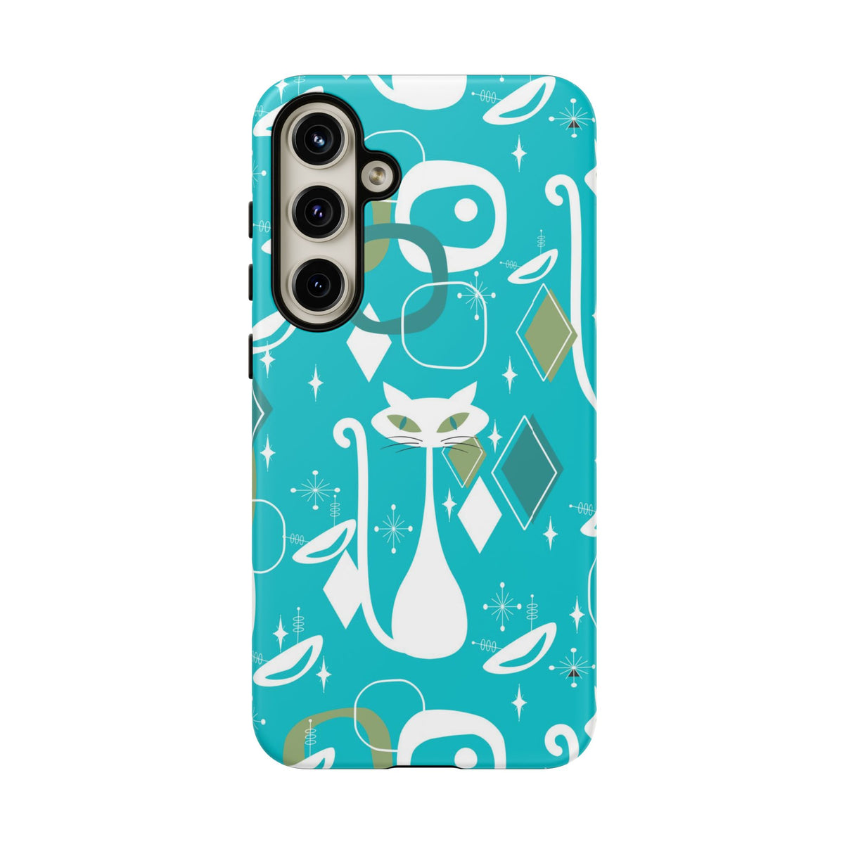 Atomic Cat Space Designs, Mid Century Modern, Aqua, White Kitschy Cat Tough Phone Case
