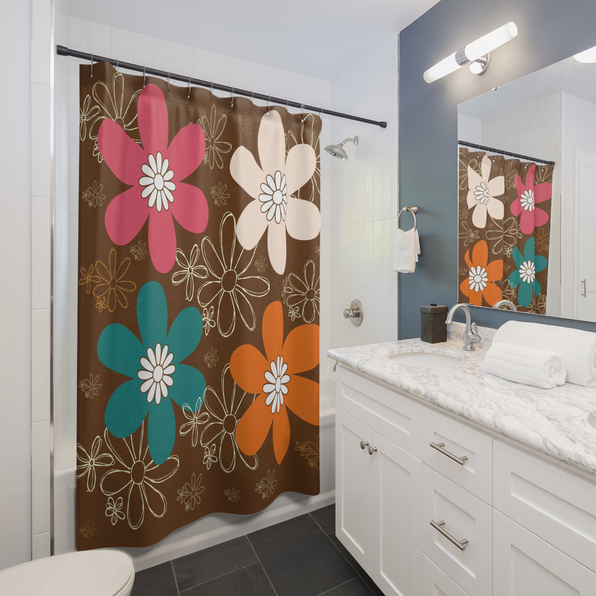 Retro Groovy Flower Power Orange Brown Teal, Bohemian Floral Shower Curtain - Vibrant Retro Bathroom Decor - Mid Century Modern Gal