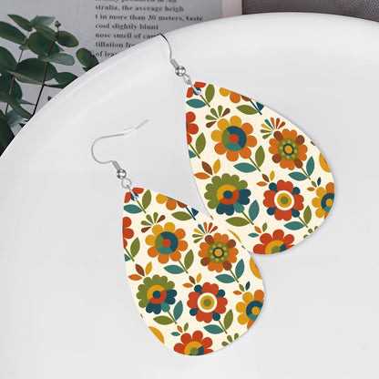 Mid Century Modern Scandinavian Floral Earth Tones  Vegan Leather Teardrop Earrings - Mid Century Modern Gal