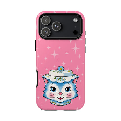 Mid Century Modern Kitschy Anthropomorphic Blue Cat with Floral Hat Tough Phone Case