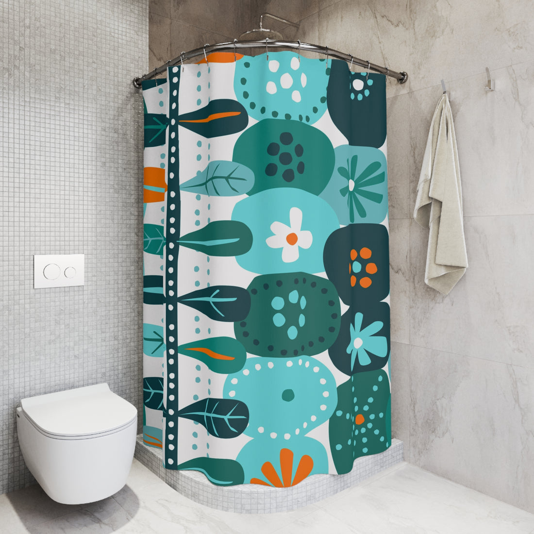 Mid Mod Scandinavian Floral Teal, Aqua Orange Mid Mod Shower Curtain - Mid Century Modern Gal