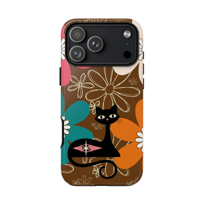 Atomic Cat Retro 70s Vibe Flower Power Tough Cases: Cute Floral and Cat Phone Case for Cat Lovers - Mid Century Modern Gal
