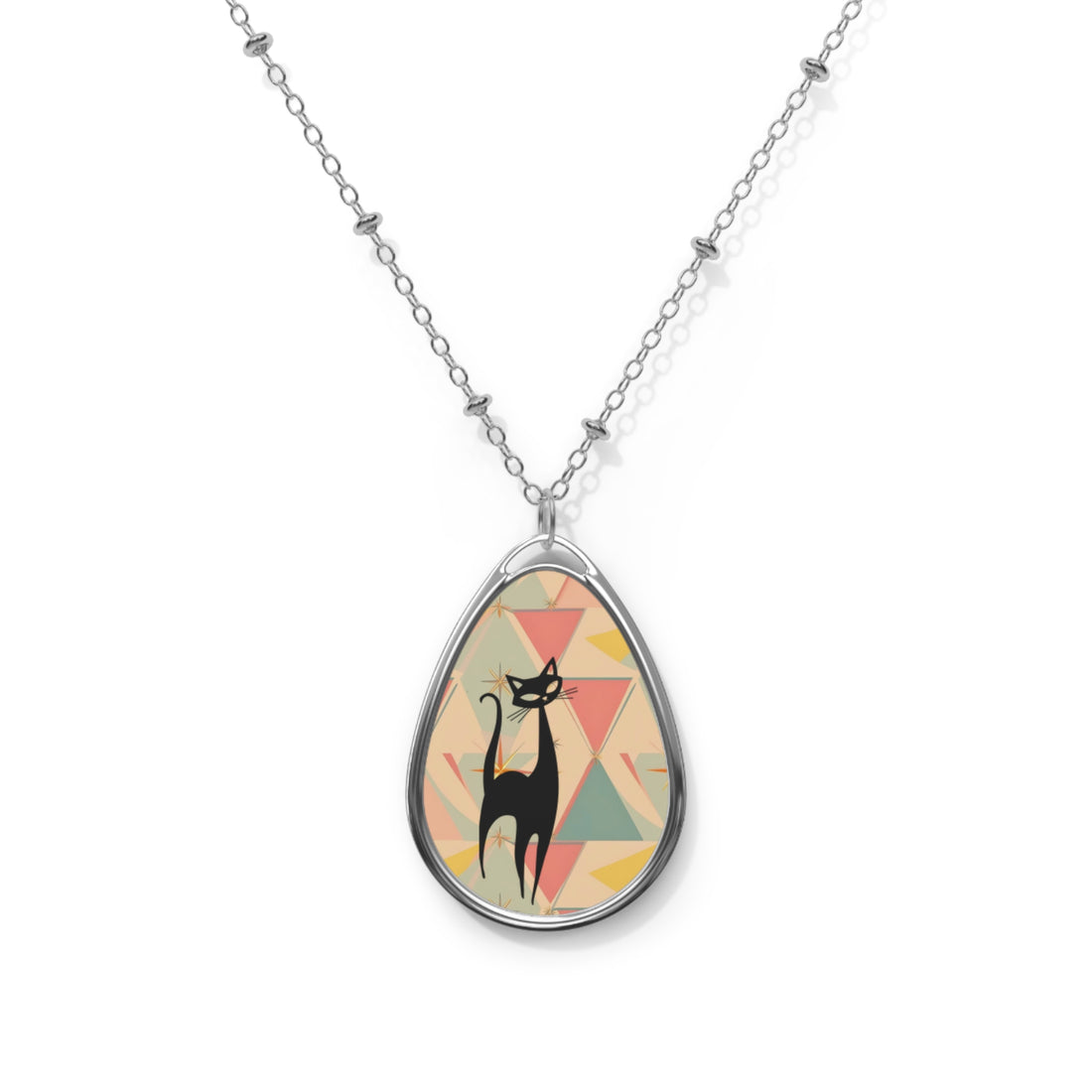 Atomic Cat Starburst Geometric Cat Oval Necklace - Stylish Mod-Inspired Jewelry - Mid Century Modern Gal