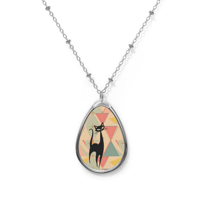 Atomic Cat Starburst Geometric Cat Oval Necklace - Stylish Mod-Inspired Jewelry - Mid Century Modern Gal