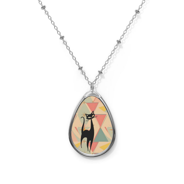 Atomic Cat Starburst Geometric Cat Oval Necklace - Stylish Mod-Inspired Jewelry