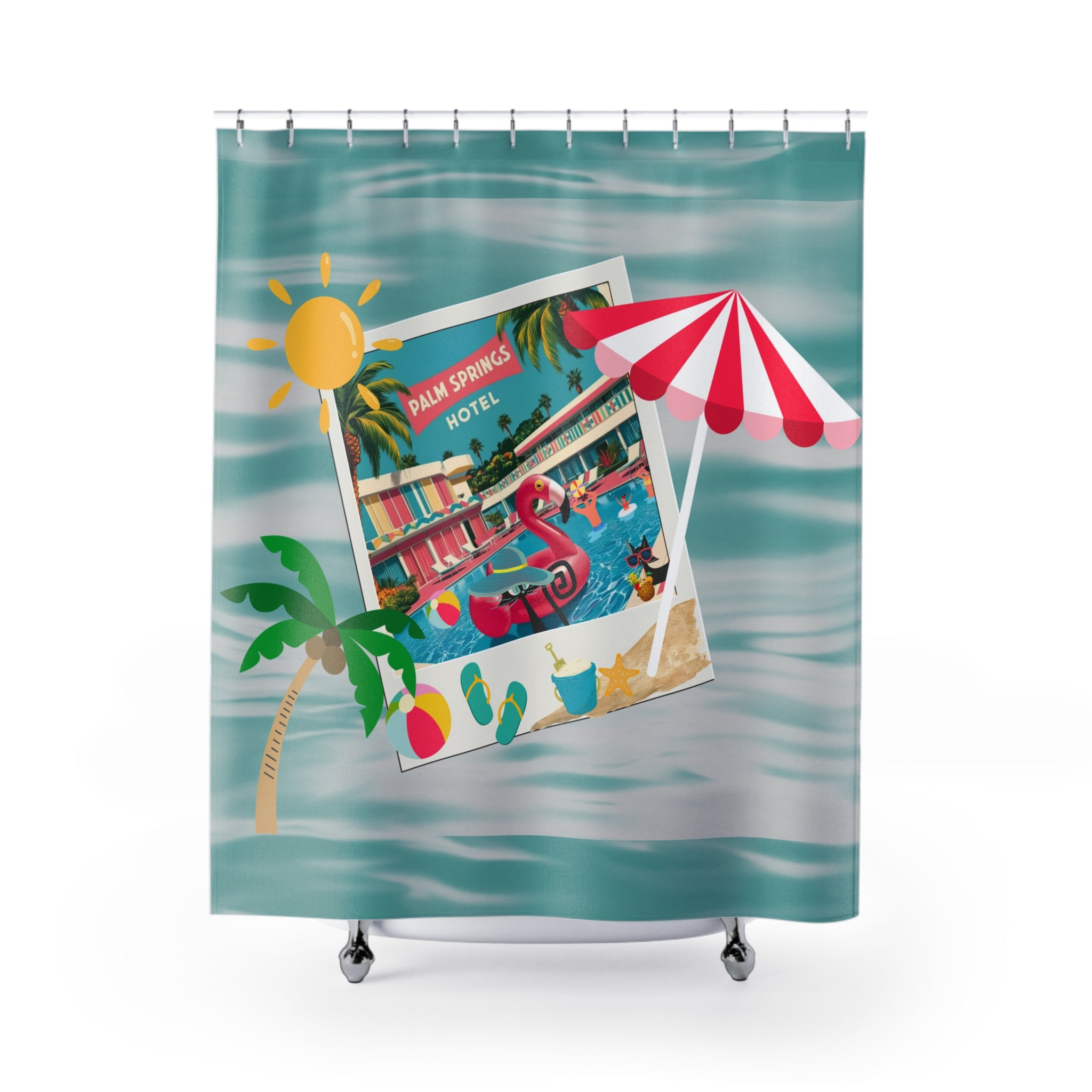 Palms Springs Hotel, Kitschy Flamingo, Atomic Cats Tropical Palm Springs Shower Curtain - Retro Summer Vibes - Mid Century Modern Gal