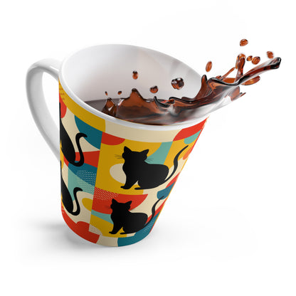 Pop Art Black Atomic Cat, Red Blue Yellow, Latte Mug - Mid Century Modern Gal