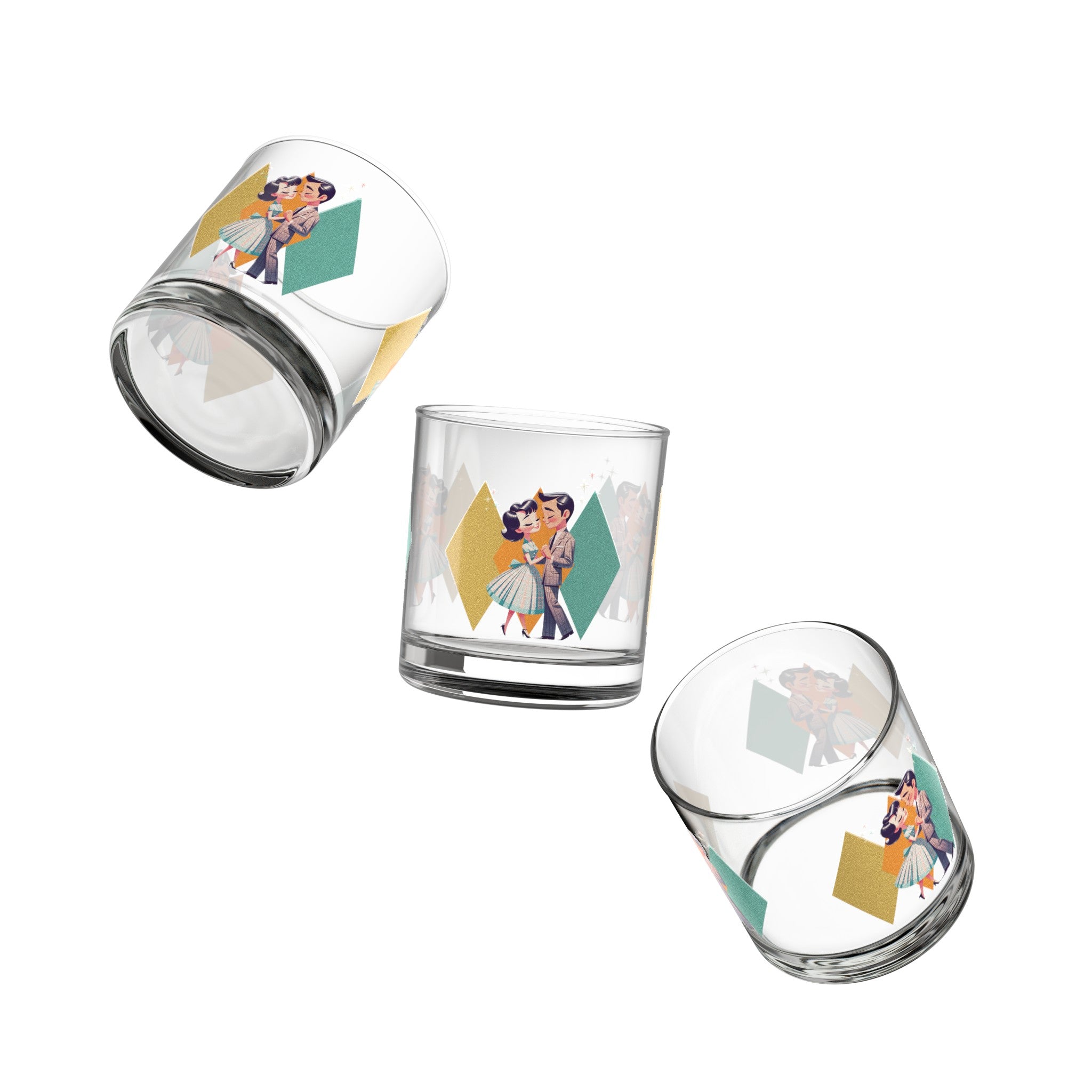 50s Mod Couple Bourbon Lover, Kitschy Cocktail Rocks Glass, 10oz