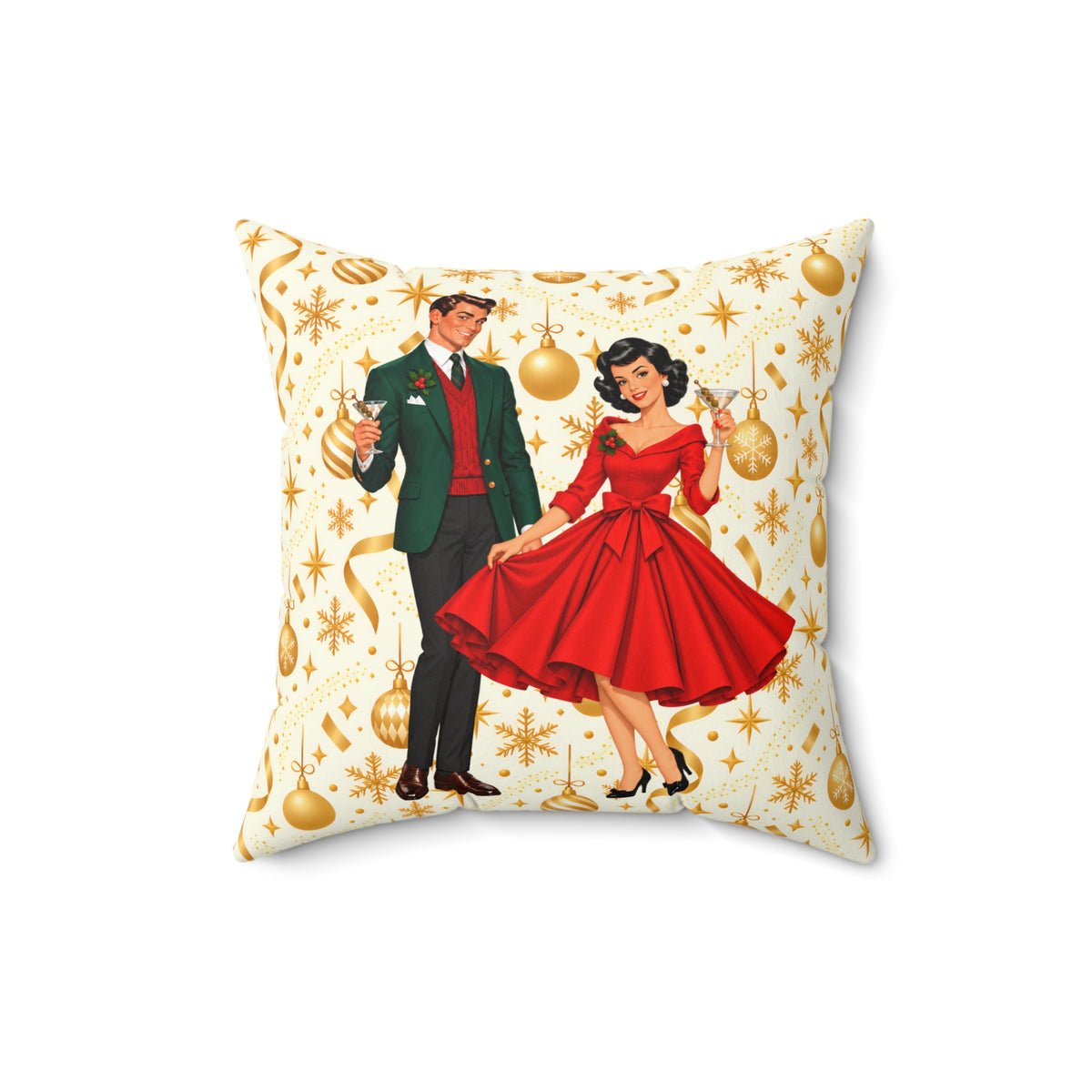 Mid Century Modern Christmas Party Martini Couple Pillow Insert and Cover