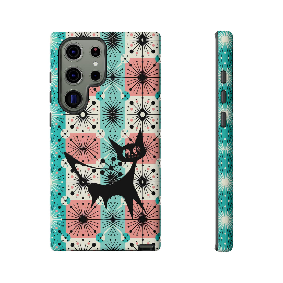 Atomic Kitschy Cat, Mid Century Modern Pink, Aqua Starbursts Tough Phone Case