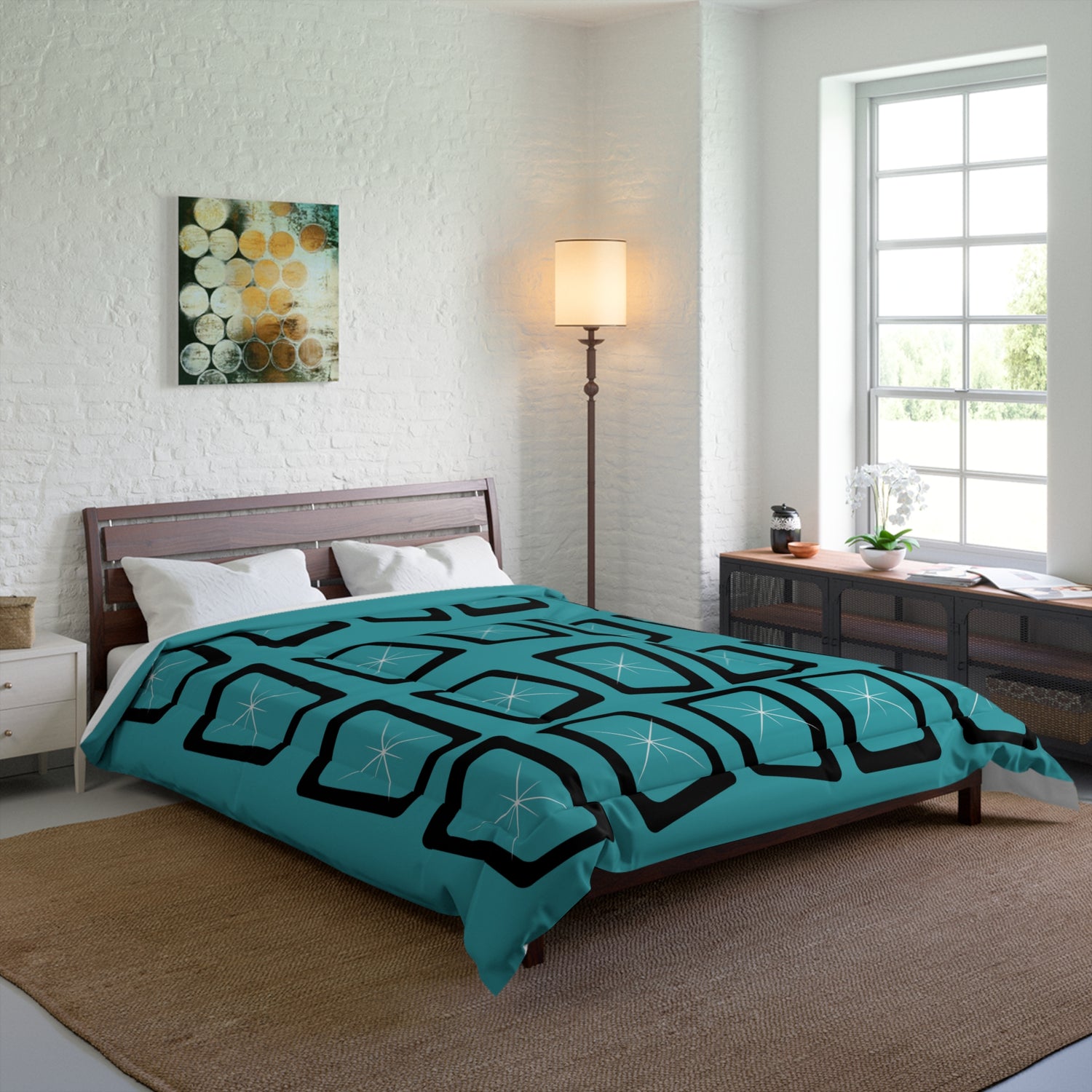Mid Century Modern Teal Blue Black Geometric StarburstStar Comforter – Modern Bedding for Cozy Spaces - Mid Century Modern Gal