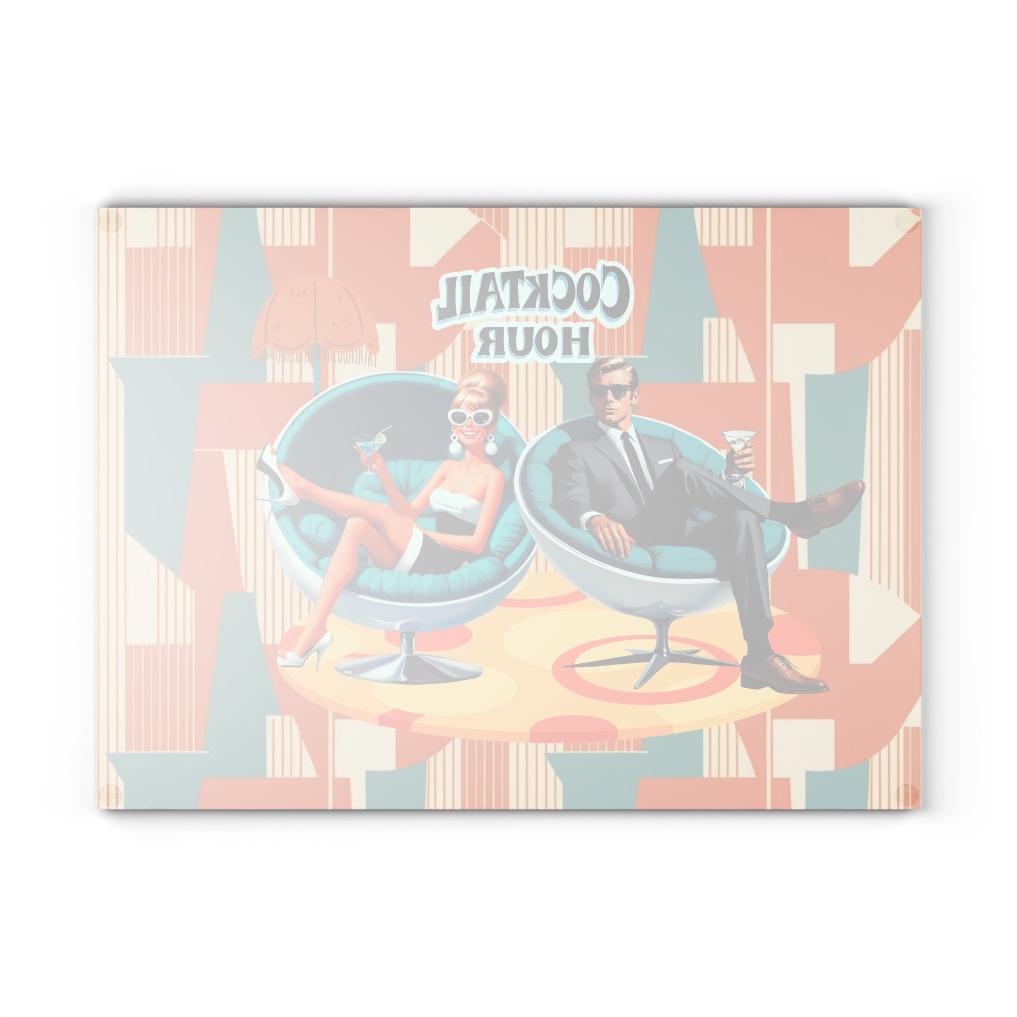 Mid Century Modern Barware Tabletop Glass Cutting Board With Mod 60s Couple,Retro Cocktail Hour - Mid Century Modern Gal
