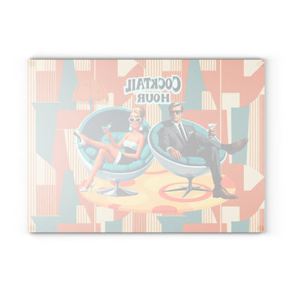 Mid Century Modern Barware Tabletop Glass Cutting Board With Mod 60s Couple,Retro Cocktail Hour - Mid Century Modern Gal