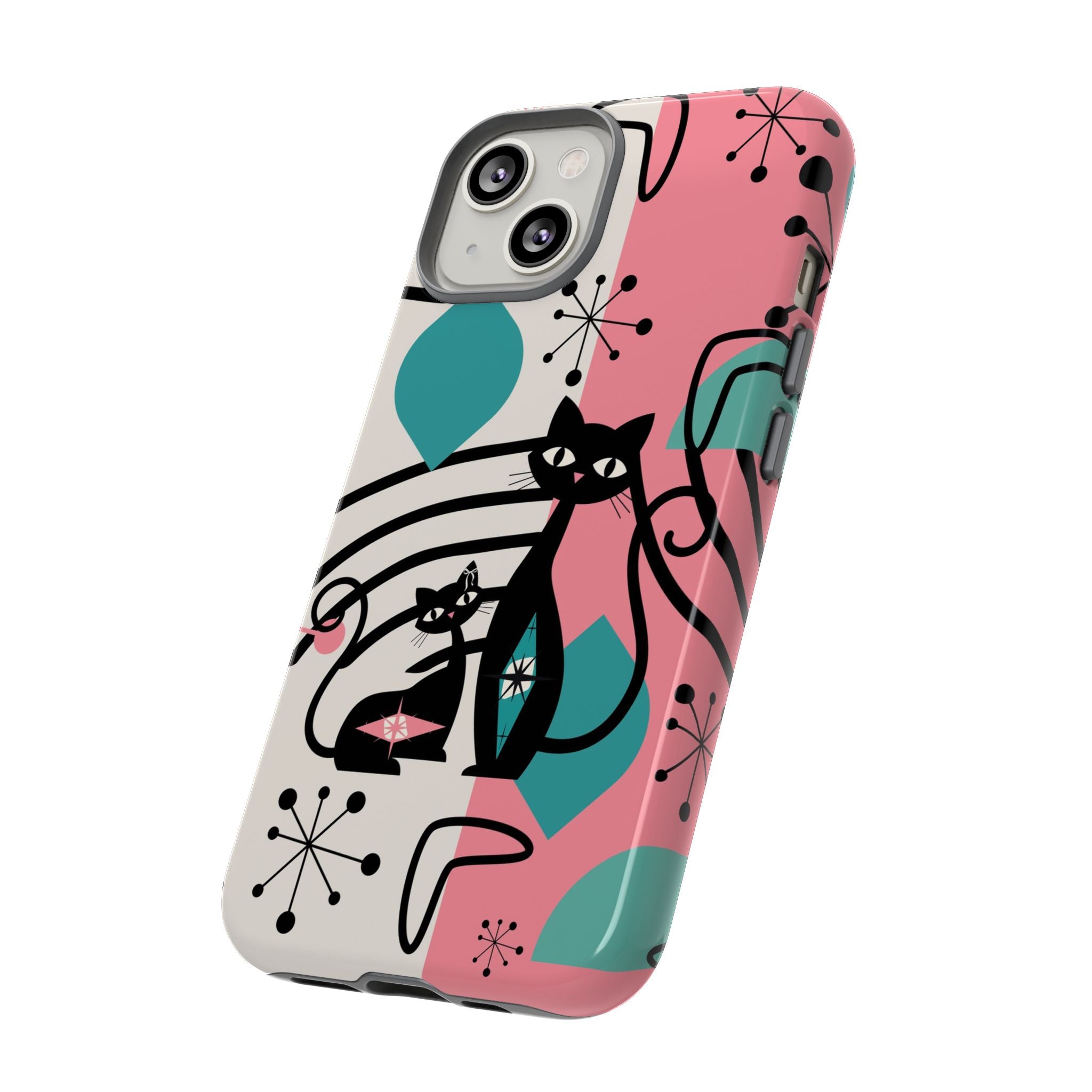 Mid Mod Atomic Cat Boomerang Starburst, Pink, Black Kitschy Stylish Cat Phone Case: Modern Design for Cat Lovers