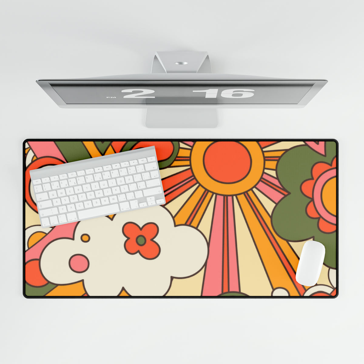 60's 70's Groovy Sun, Flower Power, Hippie, Groovy Vibes, Orange, Yellow, Green College, Office, Desk Mat - Mid Century Modern Gal