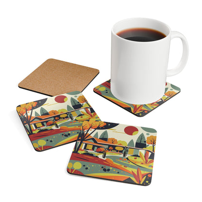 Mid Century Modern Scandinavian Floral Fall Kitschy Mod Cats Corkwood Coaster Set - Mid Century Modern Gal