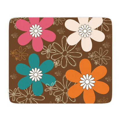 Retro Flower Power Brown, Orange Teal Pink Mid Mod Cozy Floral Tan Sherpa Blanket for Home &amp; Gifts - Mid Century Modern Gal