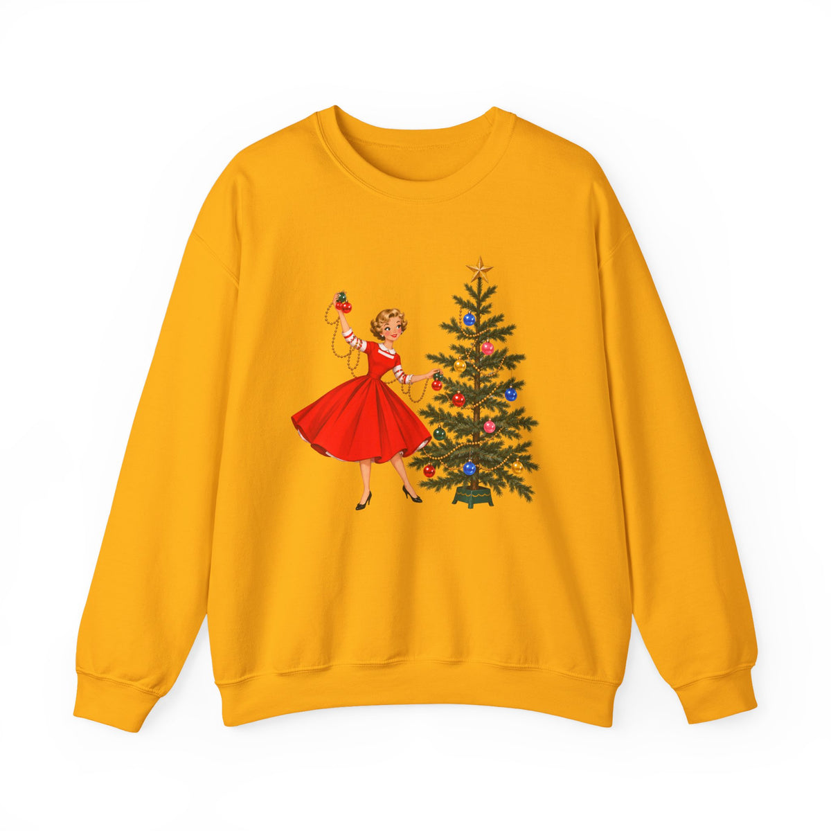 Mid Century Modern Gal Decorating Christmas Tree Unisex Heavy Blend™ Crewneck Sweatshirt - Mid Century Modern Gal