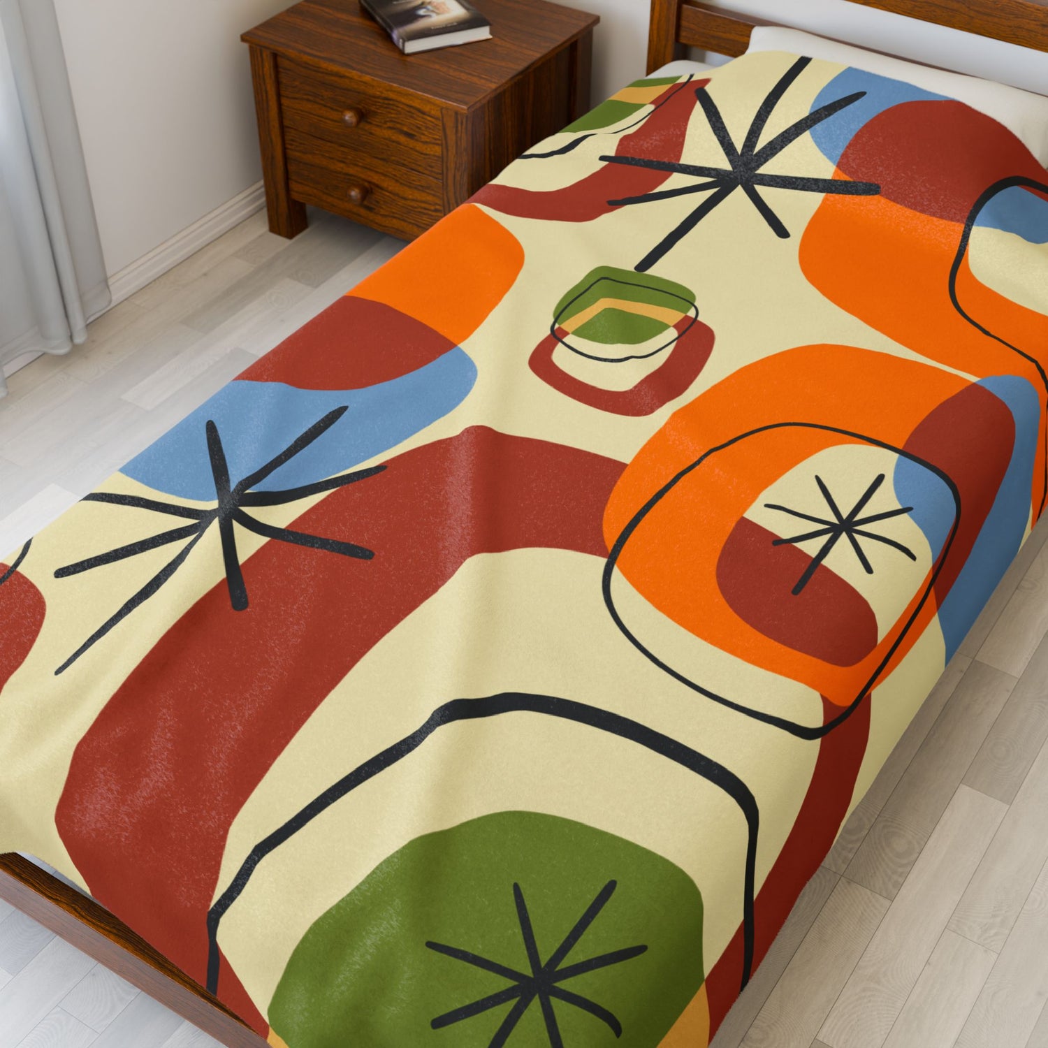 Retro Geo Pattern THIN Cozy, Warm Mid Century Modern Groovy Green, Orange, Blue, Black, Light Beige Background Velveteen Plush Blanket - Mid Century Modern Gal