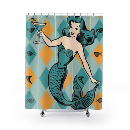 Retro Mermaid Kitschy Mod Shower Curtain - Vintage Art Decor for Nautical Bathrooms - Mid Century Modern Gal