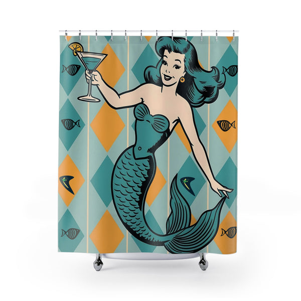 Retro Mermaid Kitschy Mod Shower Curtain - Vintage Art Decor for Nautical Bathrooms