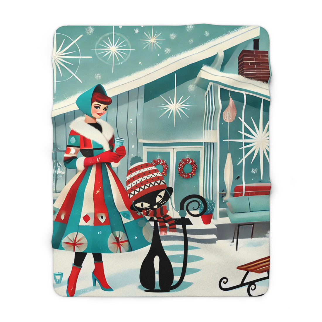 Atomic Cat Mid Century Modern Winter Haven, Vintage Christmas Sherpa Fleece Blanket - Cozy Winter Decor