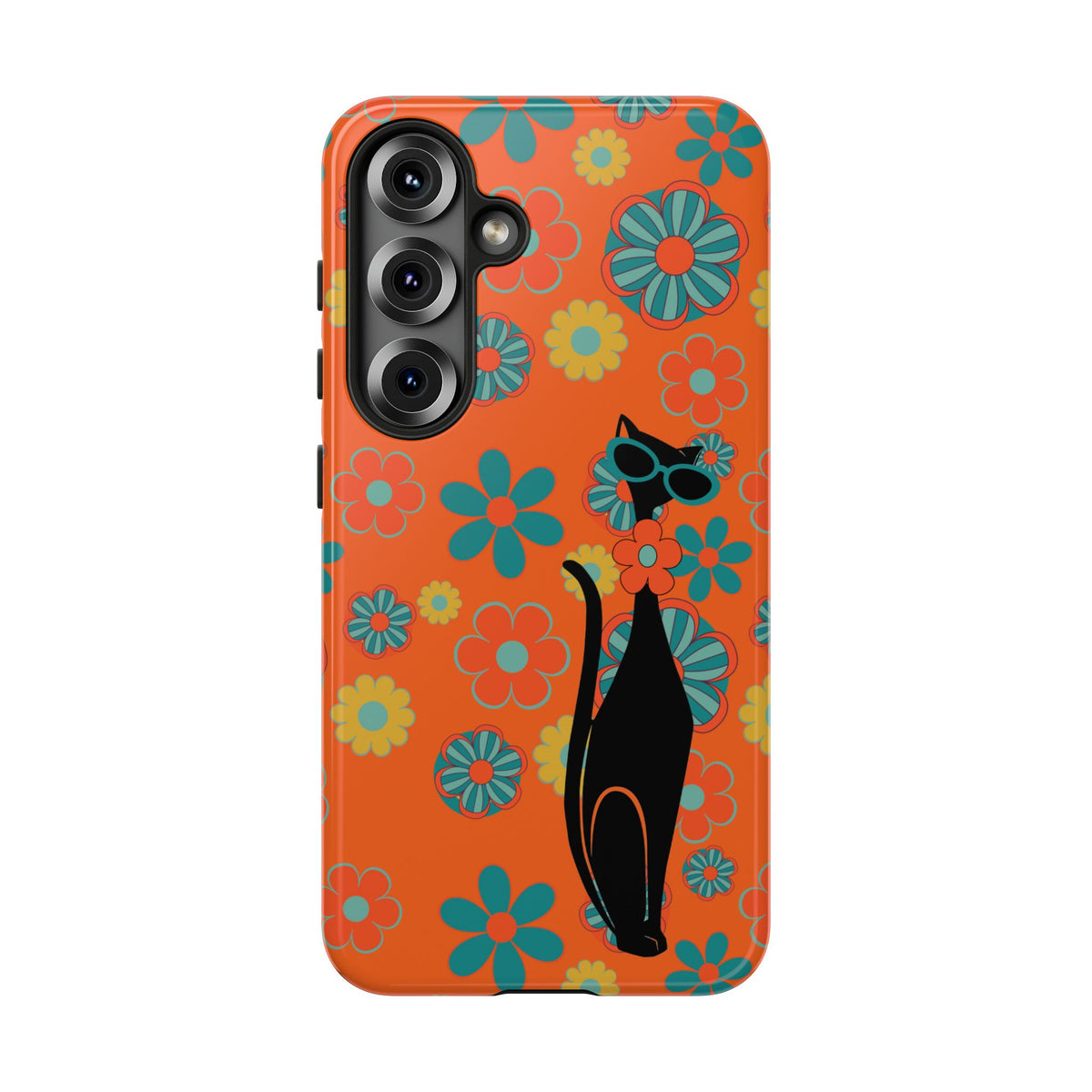 Flower Power, Retro Groovy Atomic Cat, Hipster Style Orange Samsung Galaxy and Google Pixel Tough Cases