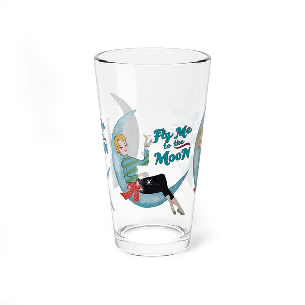 Mid Century Modern Christmas Kitsch Retro Mixing Glass - "Fly Me to the Moon" - 16oz Holiday Cocktail Cup