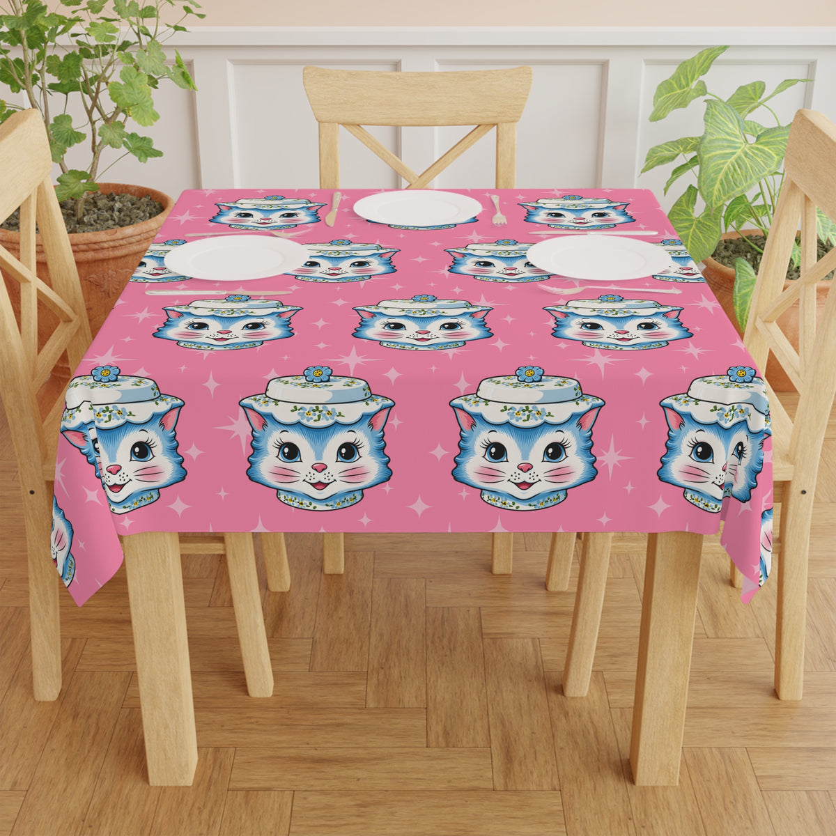 Mid Century Modern Kitschy Anthropomorphic Blue Cat with Floral Hat Tablecloth - Mid Century Modern Gal