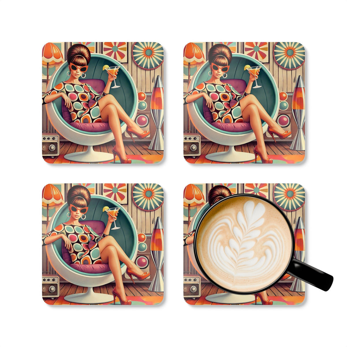 Mid Century Mod 60s Style Retro Gal MCM Barware Corkwood Coaster Set - Mid Century Modern Gal