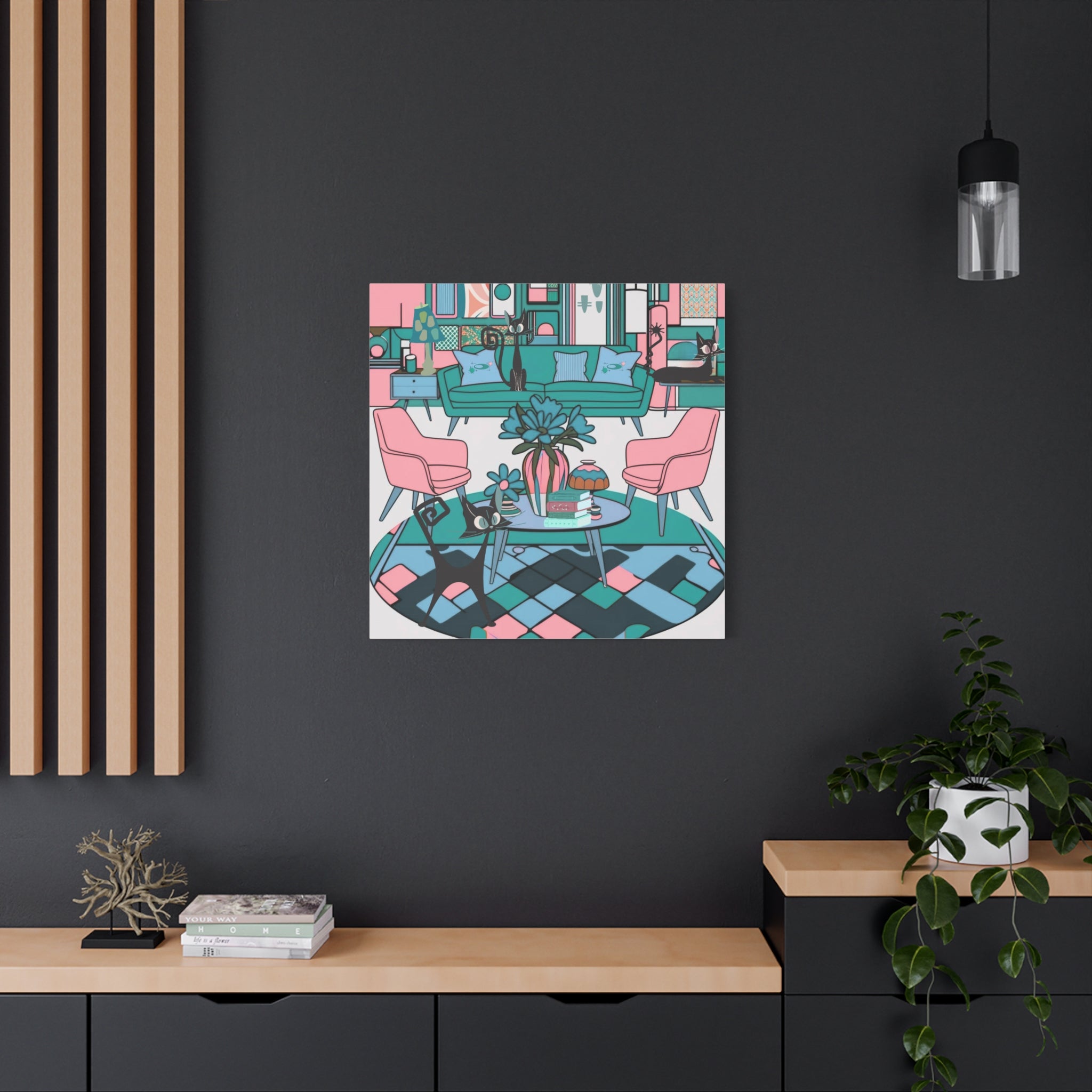 Atomic Cat Mid Century Modern Wall Art Colorful Cat-Themed Canvas Art - Mid Century Modern Gal