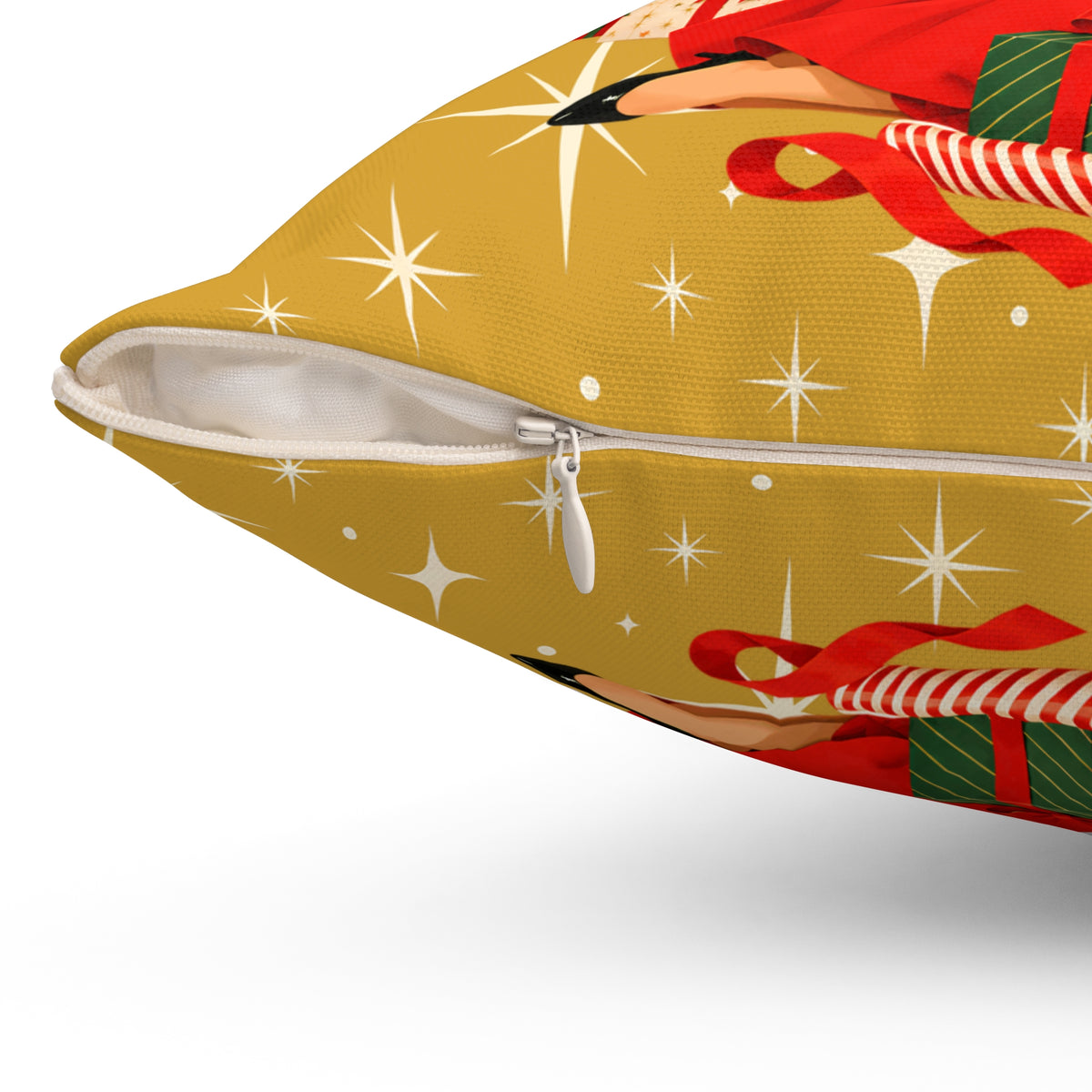 Mid Century Modern Christmas Glamour Gal Wrapping Presents by Tree, Gold Atomic Starbursts Pillow Cover and Insert - Mid Century Modern Gal