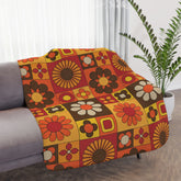 Retro Floral Boho Vibes, Orange, Yellow Brown Groovy Mod  Tan Sherpa Blanket - Cozy Throw for Home Decor & Gifting - Mid Century Modern Gal