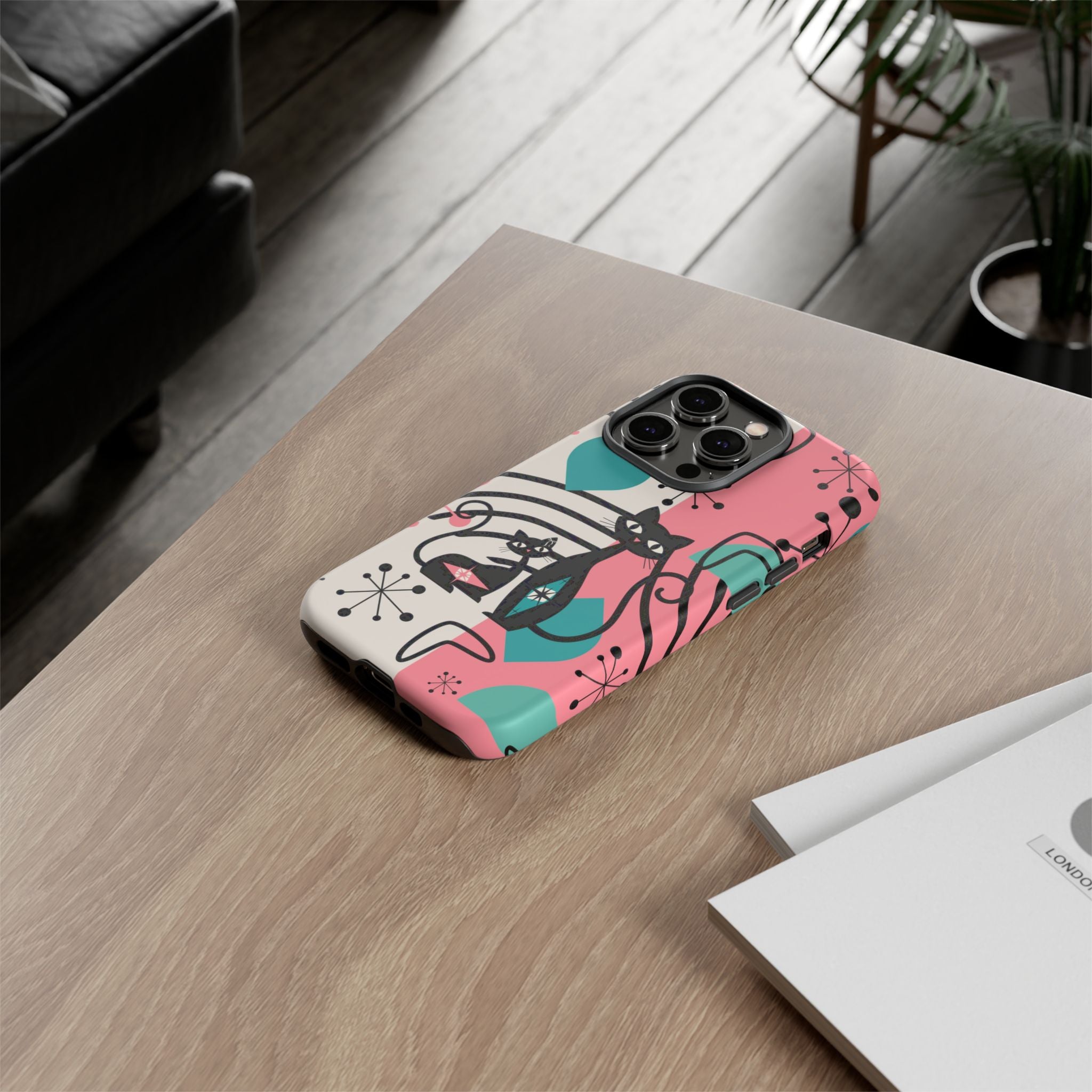 Mid Mod Atomic Cat Boomerang Starburst, Pink, Black Kitschy Stylish Cat Phone Case: Modern Design for Cat Lovers