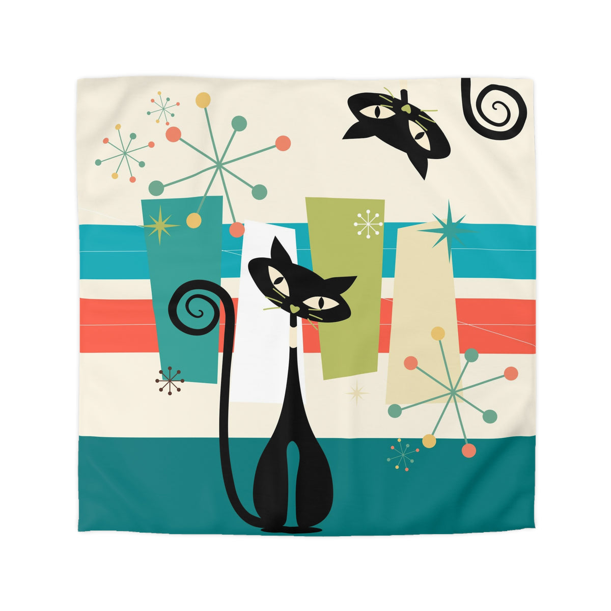 Mid Cenury Modern Atomic Cat, MCM Bedding, Starbursts,Teal, Orange,  KItschy Quirky Fun Duver Cover - Mid Century Modern Gal