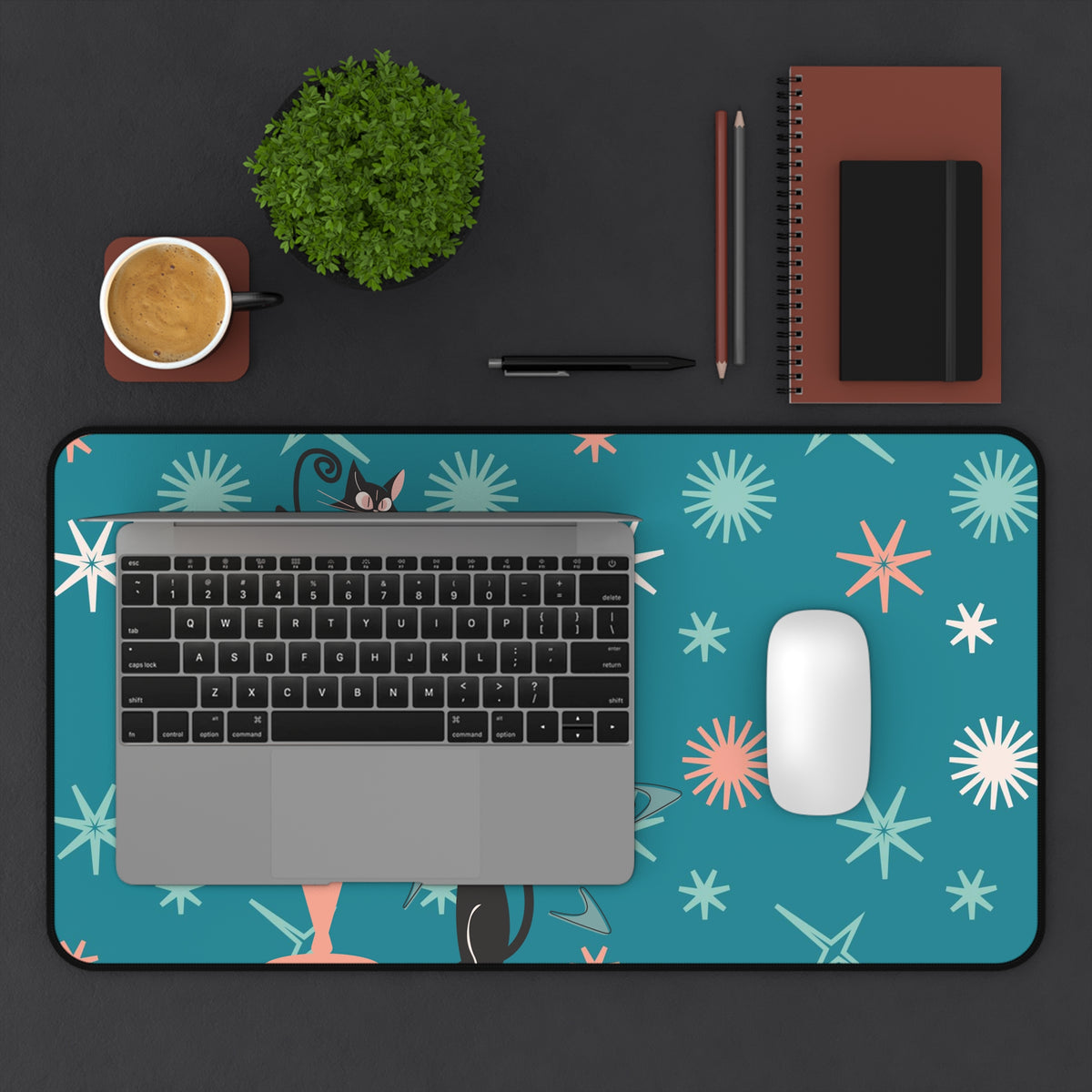 Atomic Cat Desk Mat, Kitschy Cute, Teal, Pink Starburst Mid Century Modern Office Decor - Mid Century Modern Gal