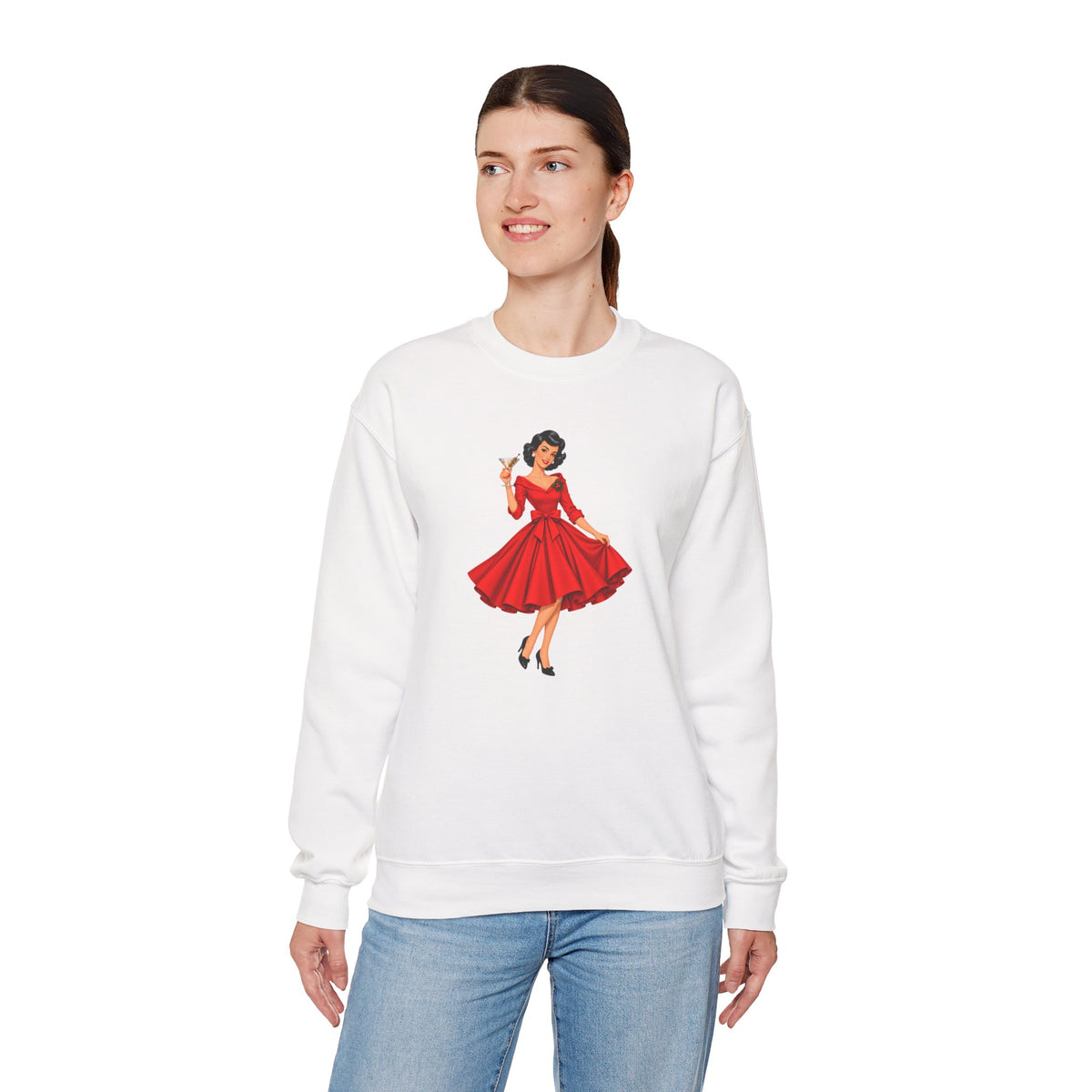 Mid Century Modern Christmas Martini Gal Unisex Heavy Blend™ Crewneck Sweatshirt - Mid Century Modern Gal