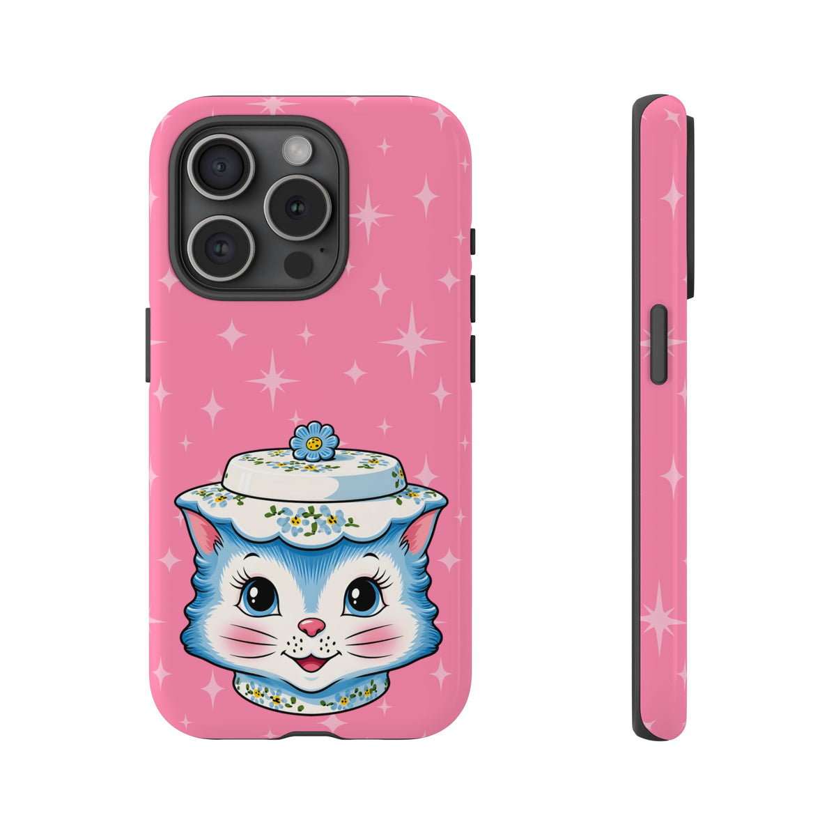 Mid Century Modern Kitschy Anthropomorphic Blue Cat with Floral Hat Tough Phone Case