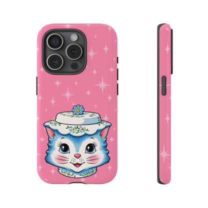 Mid Century Modern Kitschy Anthropomorphic Blue Cat with Floral Hat Tough Phone Case