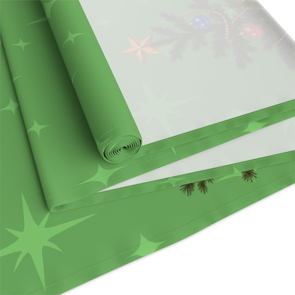 Mid Century Modern Gal Decorating Christmas Tree, Green Atomic Starbursts Table Runner