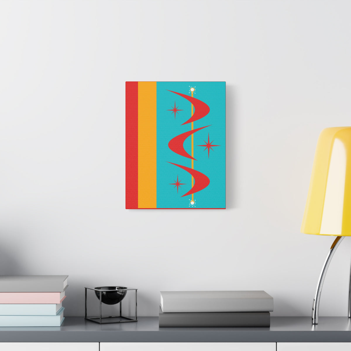 Atomic Boomerang Retro Red, Aqua Blue, Mustard Yellow Mid Century Modern Retro Wall Art - Mid Century Modern Gal