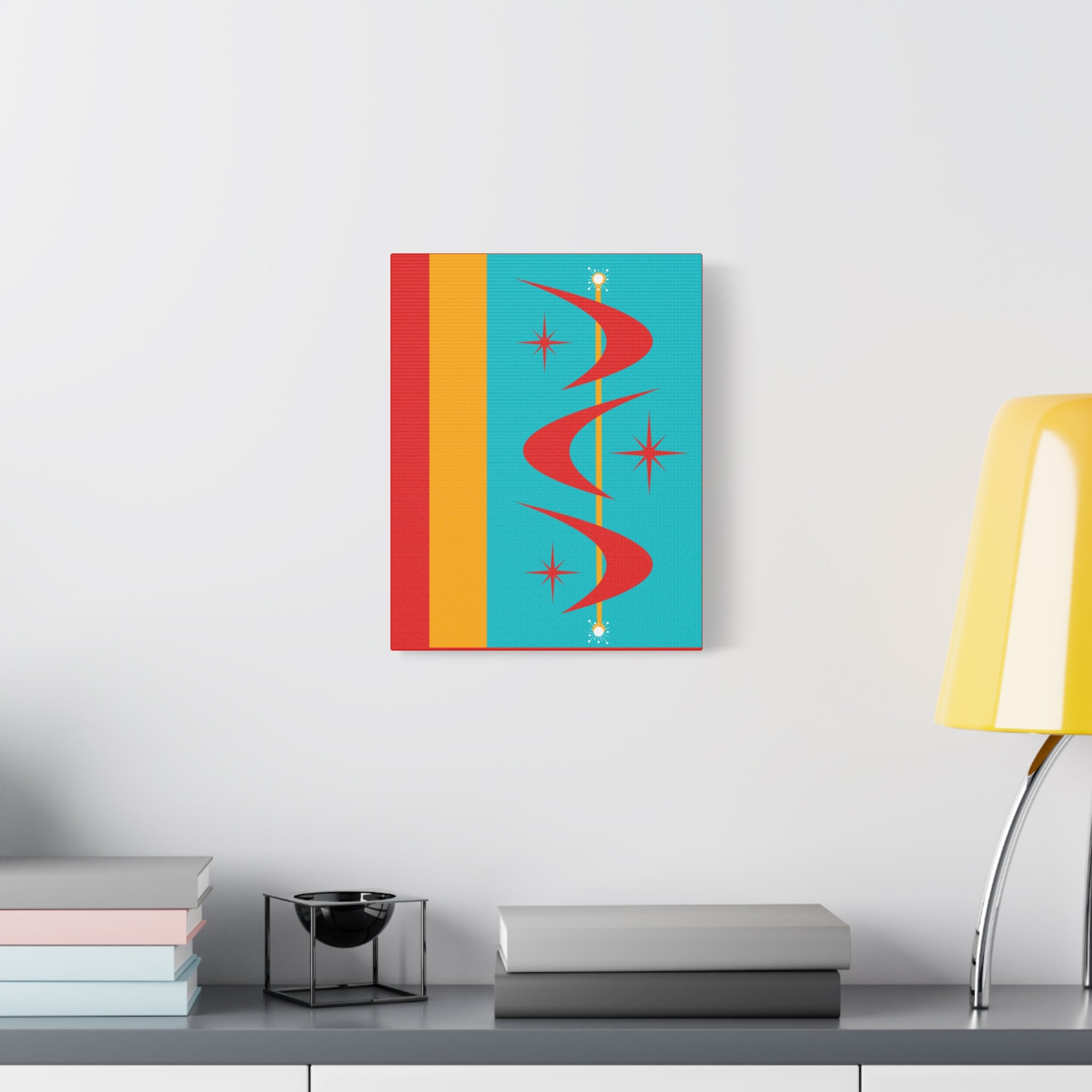 Atomic Boomerang Retro Red, Aqua Blue, Mustard Yellow Mid Century Modern Retro Wall Art - Mid Century Modern Gal
