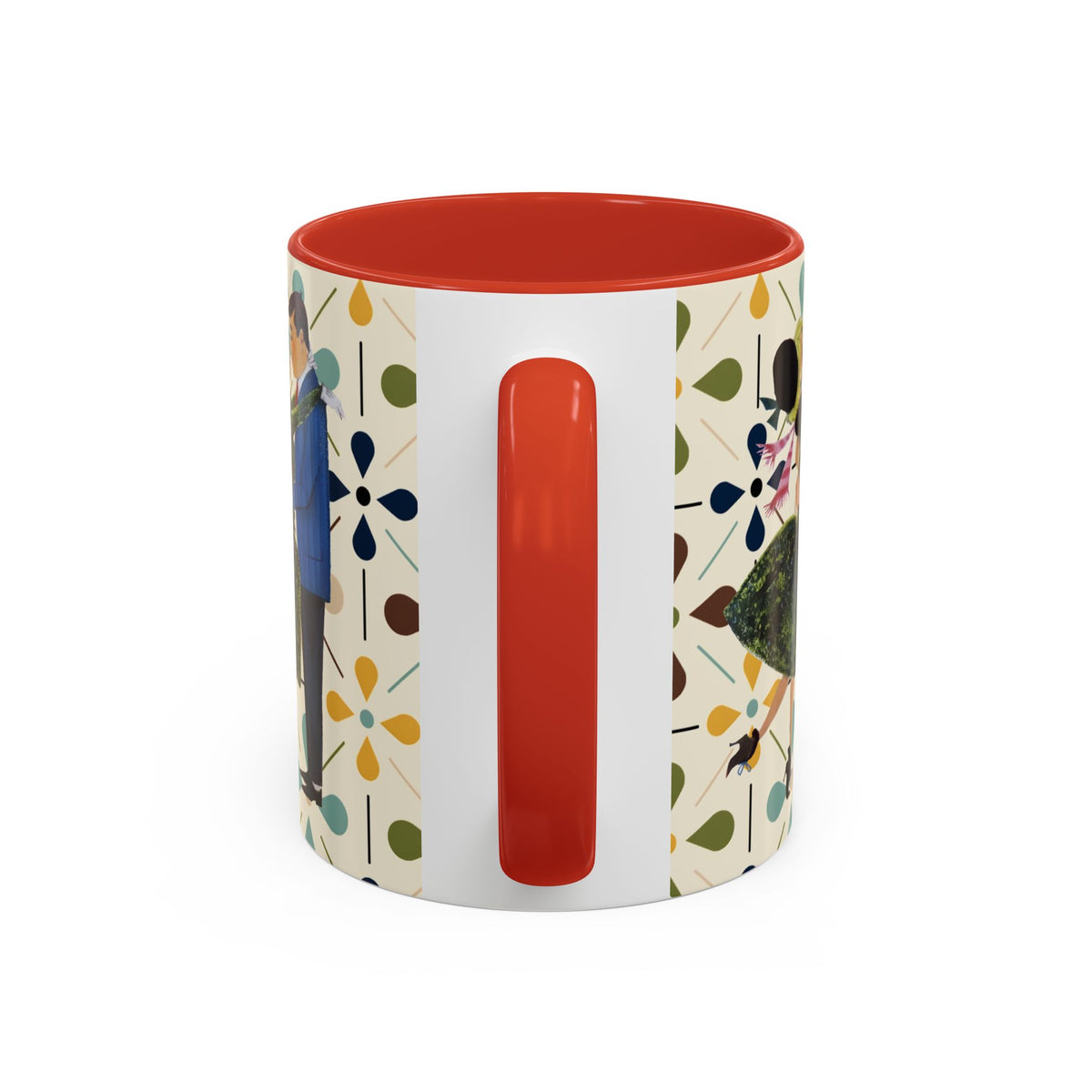 Mid Century Modern 50s Christmas mug featuring kitschy flower designs and a vibrant red handle, perfect for festive drinks.