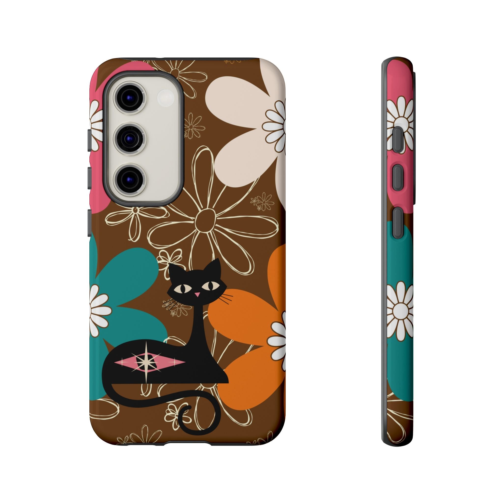 Atomic Cat Retro 70s Vibe Flower Power Tough Cases: Cute Floral and Cat Phone Case for Cat Lovers - Mid Century Modern Gal