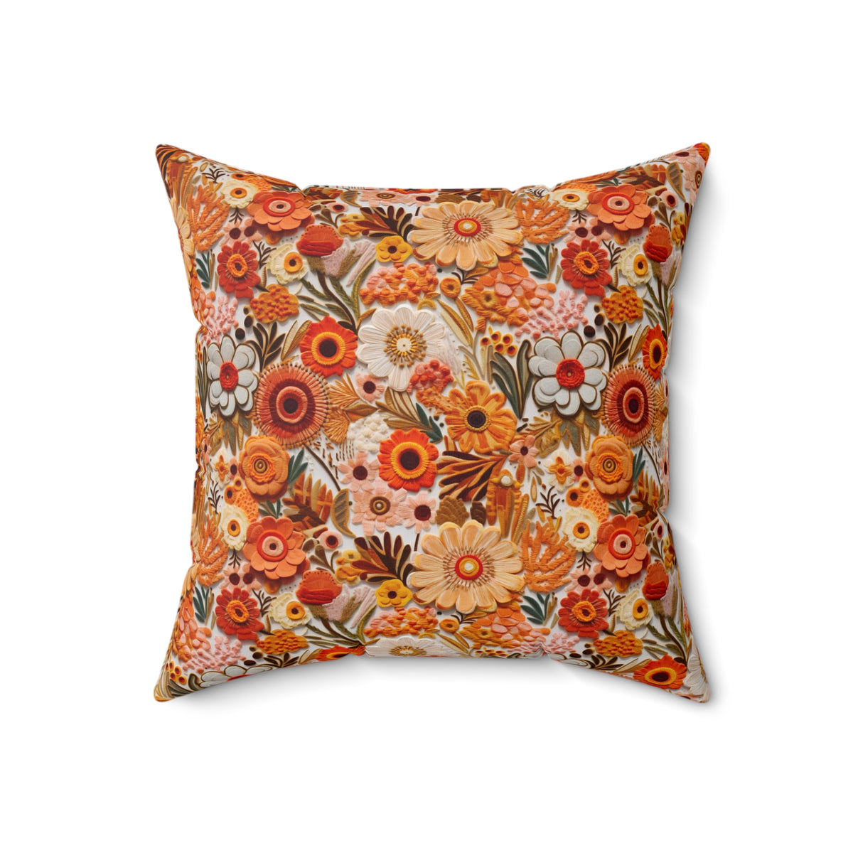 1970s Harvest Gold, Orange, Faux Embroidered Pillow And Insert - Mid Century Modern Gal