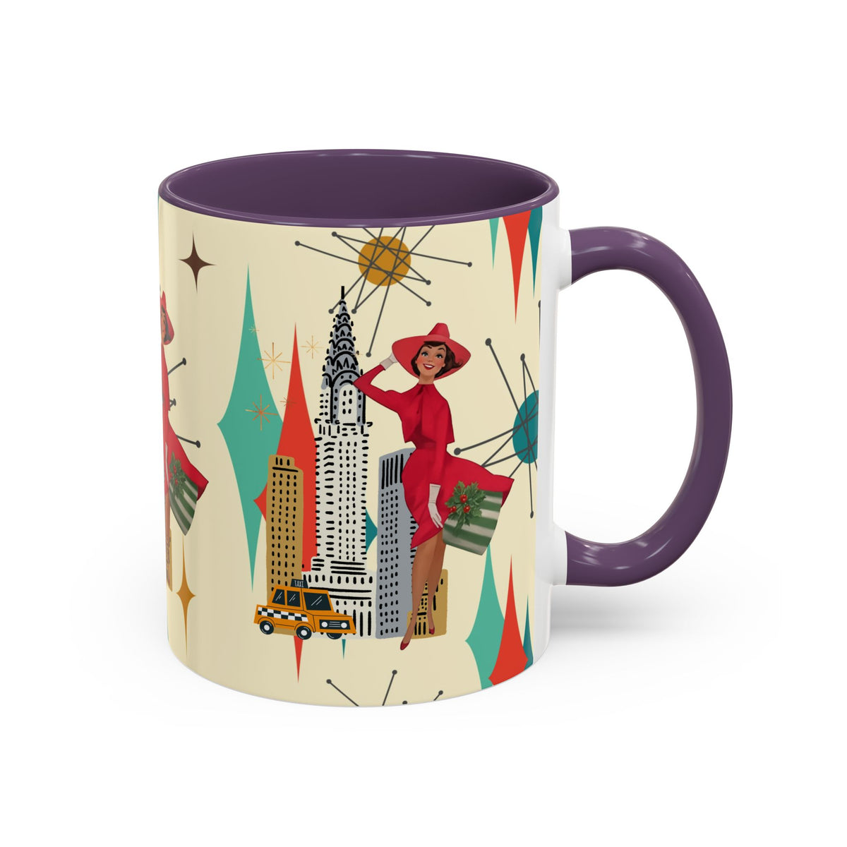 Mid Century Modern coffee mug featuring a vintage cityscape design with a kitschy Christmas theme and retro accents.