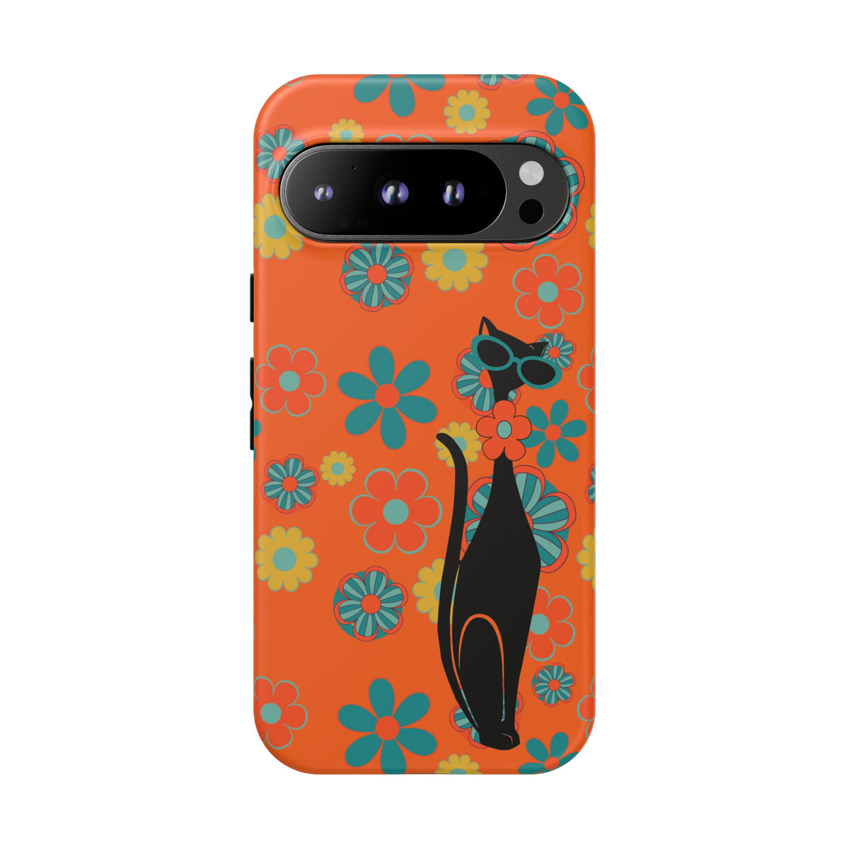 Flower Power, Retro Groovy Atomic Cat, Hipster Style Orange Samsung Galaxy and Google Pixel Tough Cases
