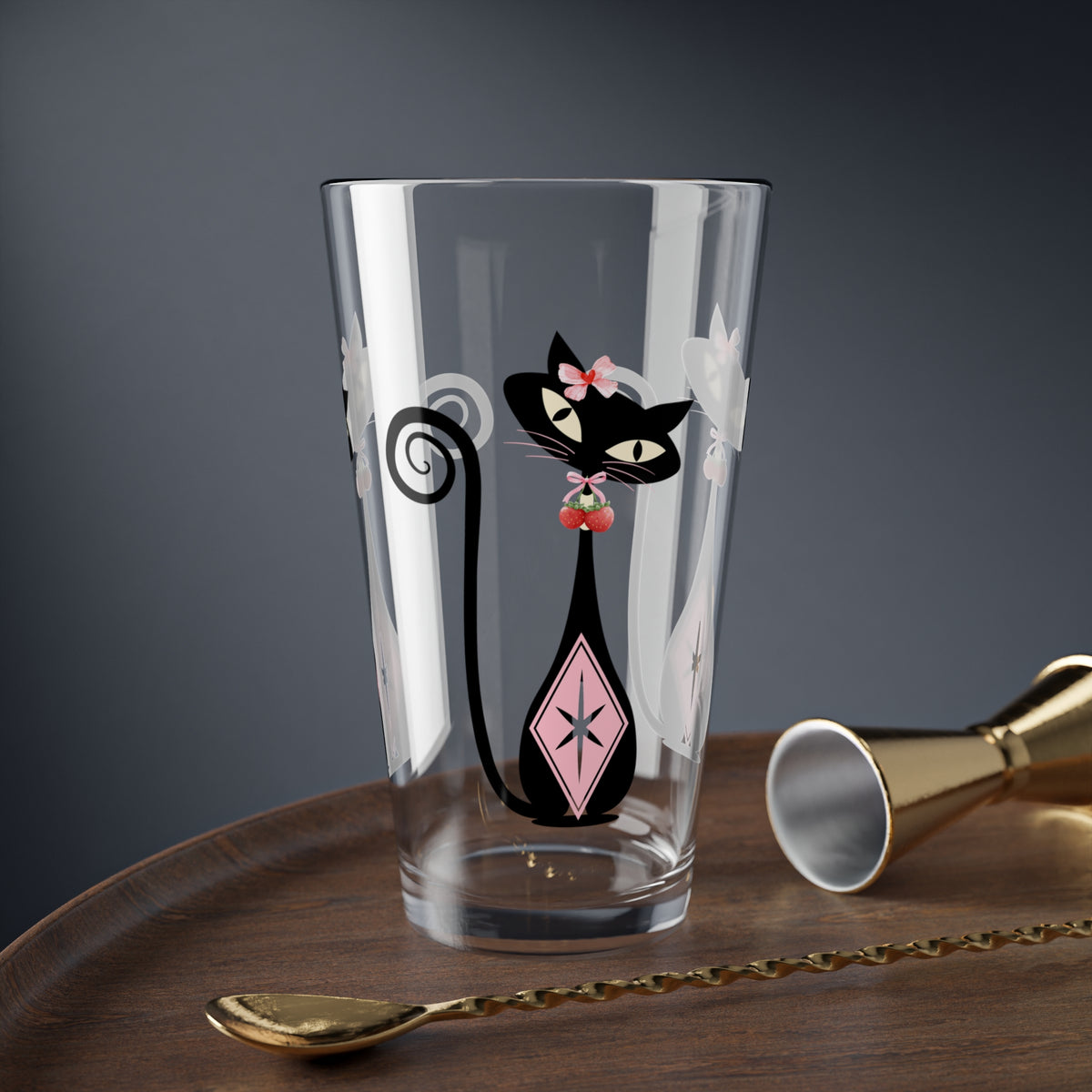 Atomic Cat, Strawberry Love Whimsical Cat Mixing Glass - Perfect for Cat Lovers & Entertaining - Mid Century Modern Gal