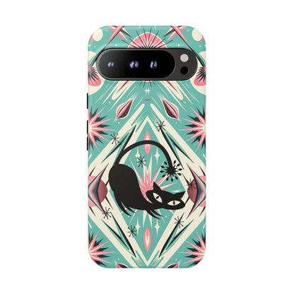 Atomic Cat, Mid Century Modern Aqua Blue, Pink, Starbursts Tough Phone Case