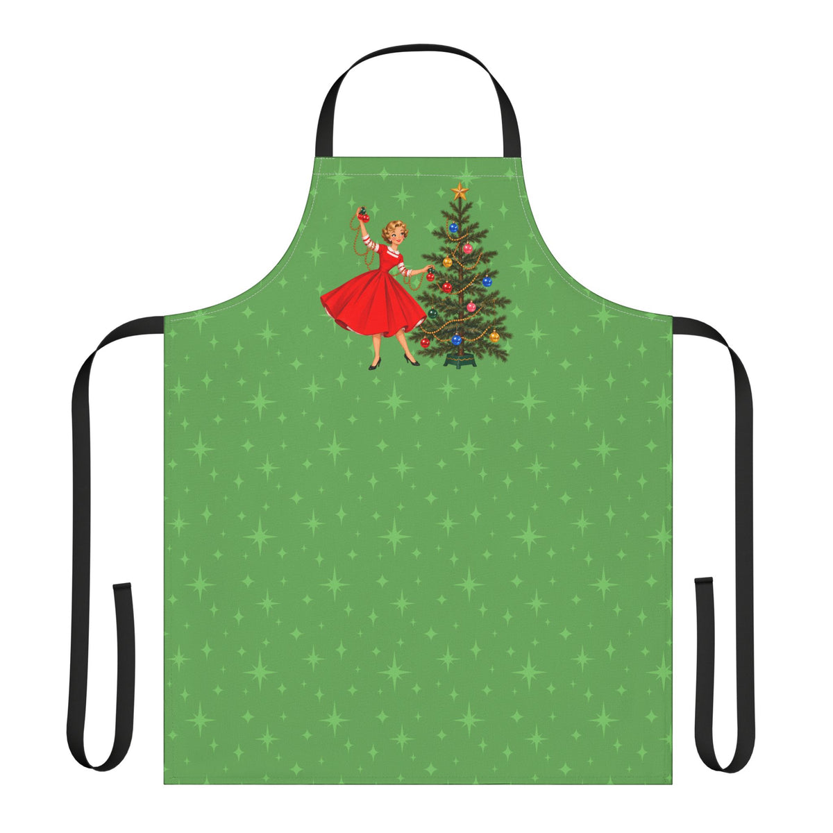 Mid Century Modern Gal Decorating Christmas Tree, Green Atomic Starbursts Apron